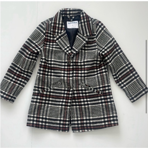 Old Navy Plaid Pea Coat Girls Black White Red Size 5T NWOT - Picture 3 of 8